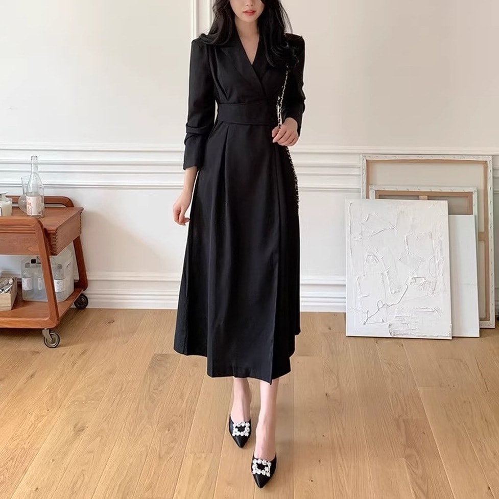 ワンピース ロングワンピース タックワンピース シャツワンピース ウエストマークワンピース ジャケット風 ロング丈 タック ウエストベルト ハイウエスト 長袖 無地 レディース かわいい 大人可愛い
