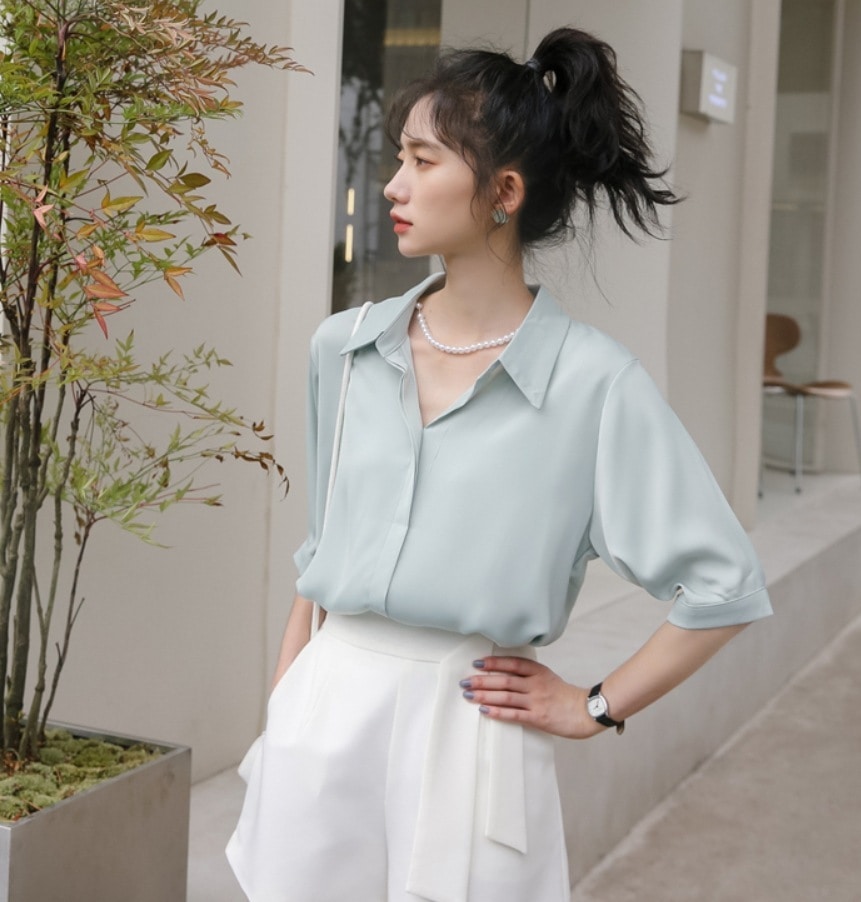 トップス デート モテアイテム シャツ ブラウス 五分袖 シフォン 可愛い きれいめ 上品 おしゃれ かっこいい 可愛い ラブリー キュート ガーリー クール モード系 セクシー エレガント