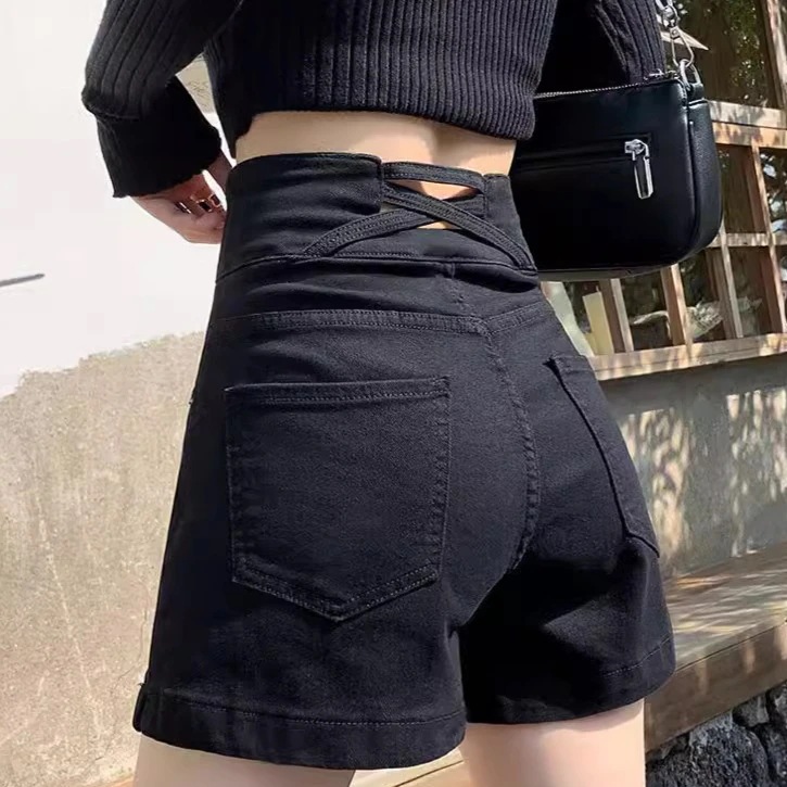 ブラックデニムショートパンツレディース夏薄手2024ハイウエストゆったりaライン白超ショートホットパンツ