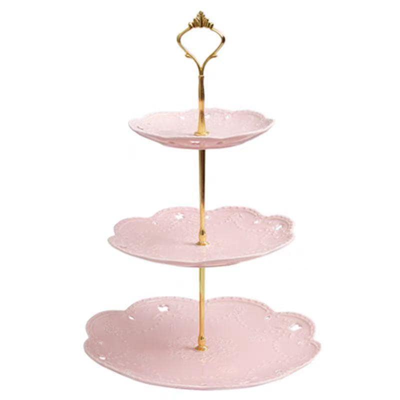 【新シリーズ】北欧の風 3段ケーキスタンド 強化磁器 株式会社錦 デザートプレート アフタヌーンティー (ピンクの皿+ ゴールデンロッド)