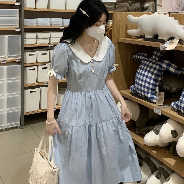 ドールカラー ワンピース ティアードワンピース ワンピドレス 膝丈 ひざ丈 膝下 半端丈 半袖 パフスリーブ ラウンドネック 襟付き ペプラム 切り替えデザイン ギャザー ティアード フリル リボン 5,482円