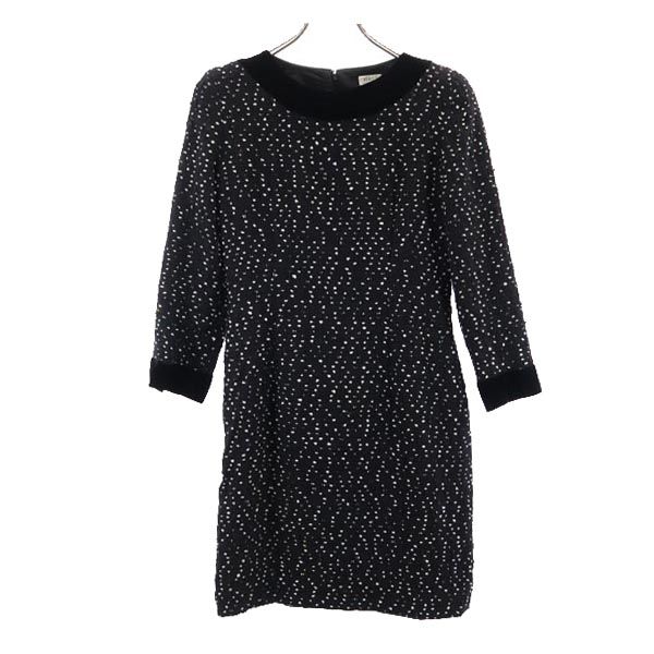 日本製 ウールブレンド ドット柄 長袖 ワンピース 40 黒 レディース