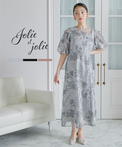 ドレス 結婚式・パーティードレス パフスリーブ花柄刺繍ワンピースドレス