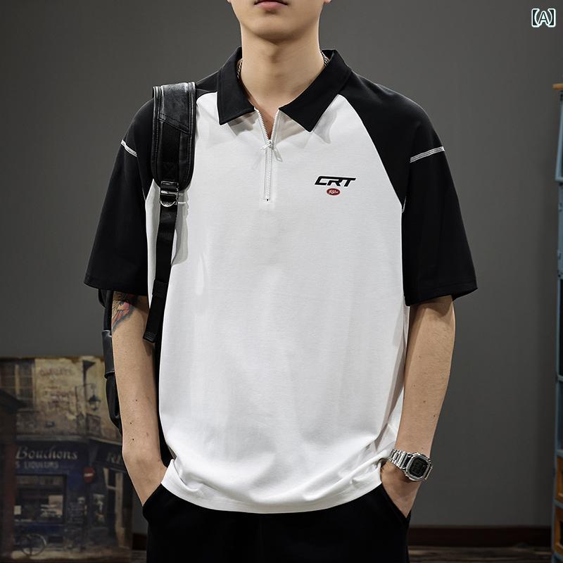ポロシャツ 夏 メンズ ラグランスリーブ ハーフジップ 涼しい 通気性 半袖 コントラストカラー カジュアル Tシャツ プリント 都会的 毎日 綿 アメリカン