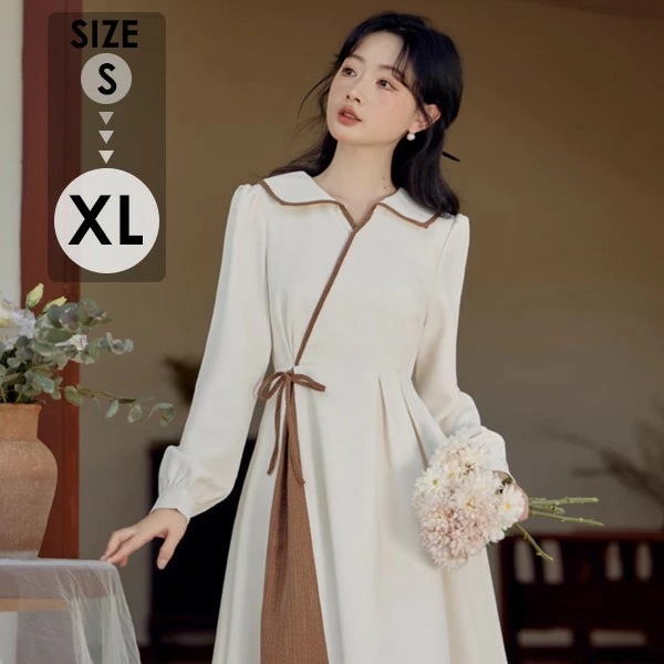 レディースドレス　中華風 ワンピース Aライン ロング丈長袖 萌え萌え 可愛い袖付き春秋 フォーマル 二次会 女子会 成人式 おしゃれ着痩せる ベージュ