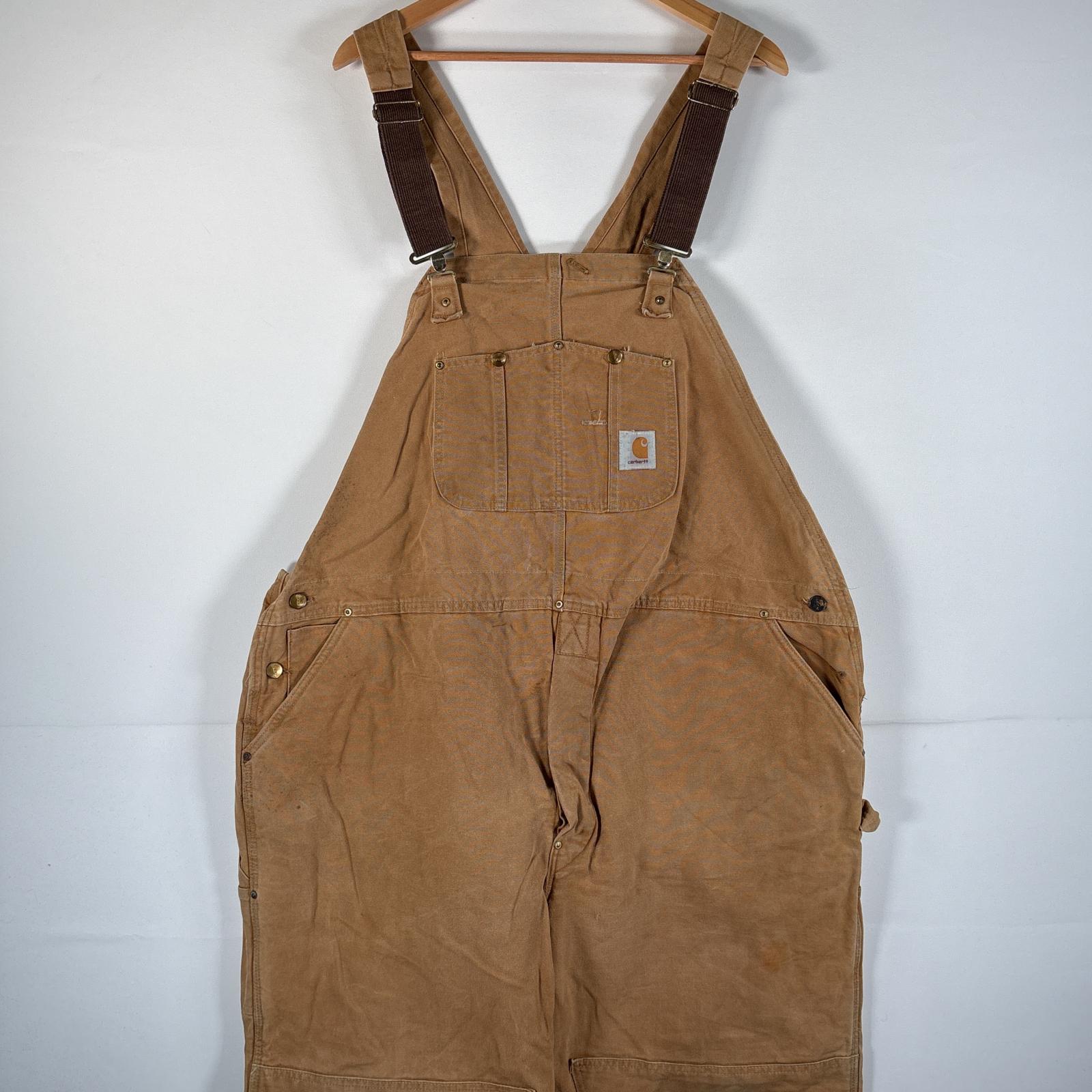 古着 オーバーオール ダック ワンポイントロゴ サイドポケット ダブルニー 大きいサイズ キャメル メンズ