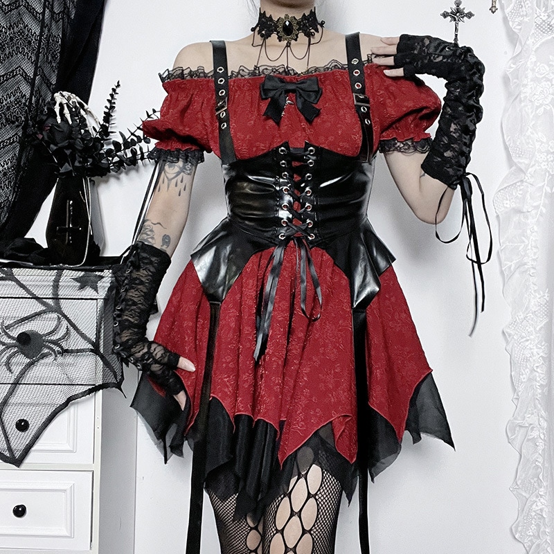 新入荷 最安値 可愛い！ロリータ ハロウィン 衣装 コスチューム ダーク系 フィット＆フレア オフショルダー ワンピース ウエストマーク
