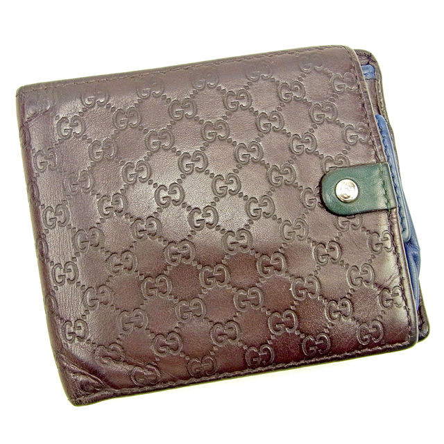 二つ折り財布 マイクログッチシマ ブラウン グリーン ブルー系 中古