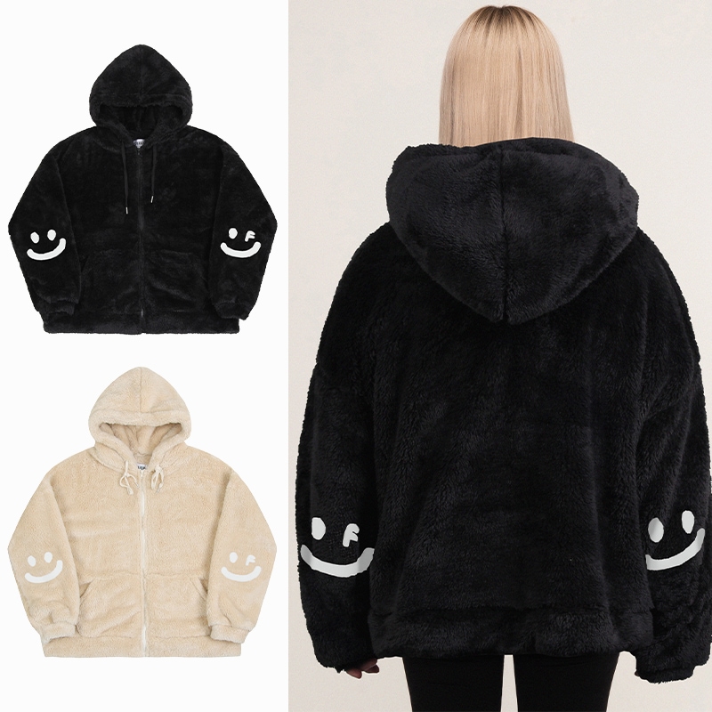 [UNISEX]Elbow Drawing Smile Embroidered Wool Fleece Jacket_2color