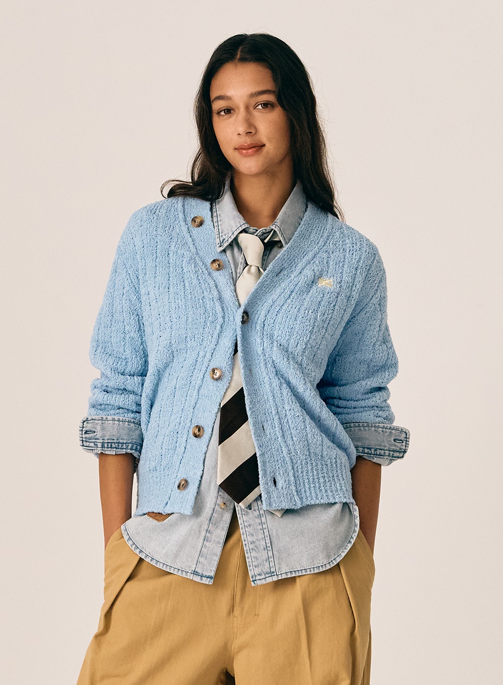 【SATUR】 (W)FARO OVER SIZE BOUCLE CARDIGAN : BABY BLUE