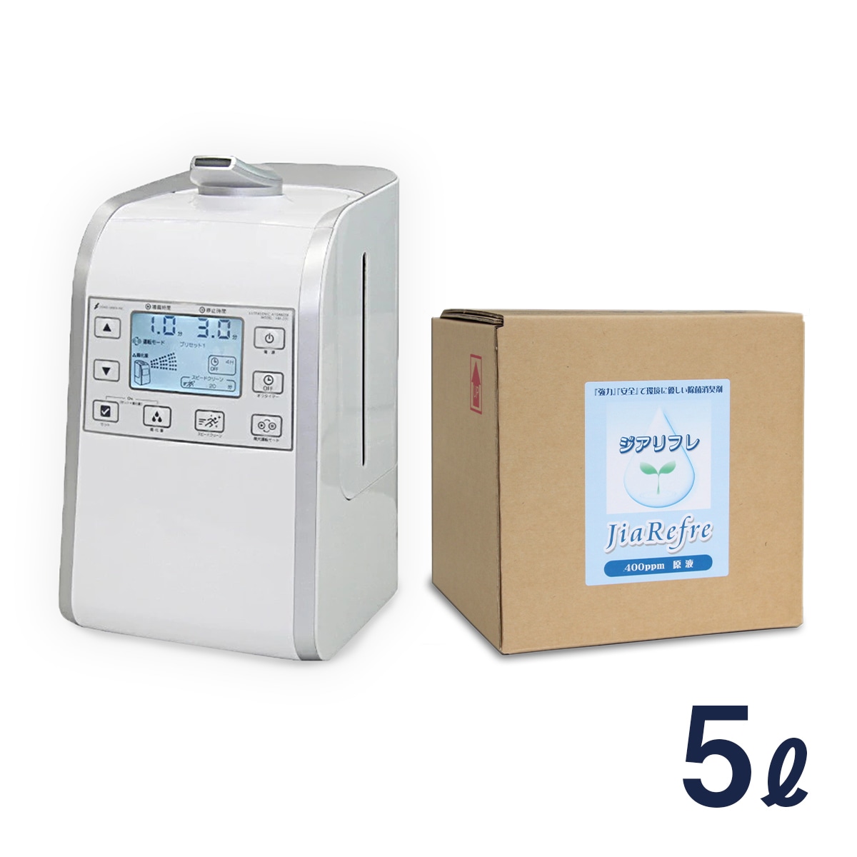 超音波噴霧器 HM-201 + 次亜塩素酸水（ジアリフレ）5L 加湿器 星光技研 次亜塩素酸水対応 除菌消臭に 400ppm