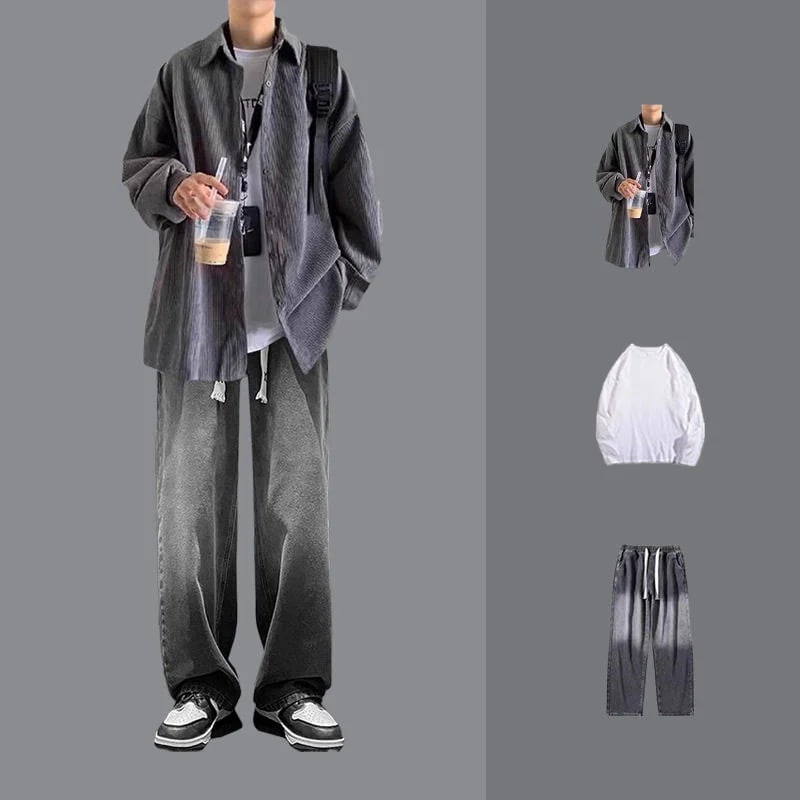 セットアップ シャツスーツ トレンド シャツ+Tシャツ+ジーパン 春秋 3点セット高級感 カジュアル メンズ