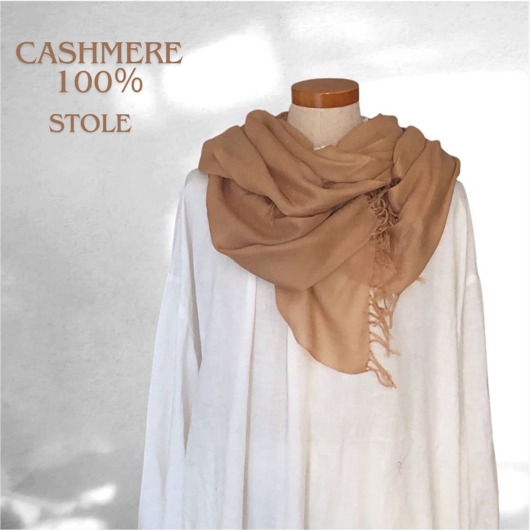 [niko25] カシミヤ100% フリンジストール 大判 プレゼント無地 軽量保温 シルクのような優しいお肌触り 防寒 ギフト 190×70cm 55g