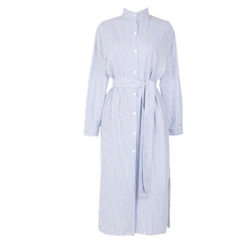 ストライプシャツワンピース ワンピース ロング丈 袖あり 綿 シャツ 爽やか 大人スタイル 大人可愛い きれいめ シンプル カジュアル 大人 上品 おしゃれ かっこいい レトロ アジアン 大人可愛い