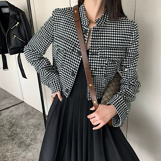 【取寄：納期2週間】ジャケット 長袖 秋冬 千鳥 ショートジャケット ミニ丈 レディース 体型カバー 春 新作