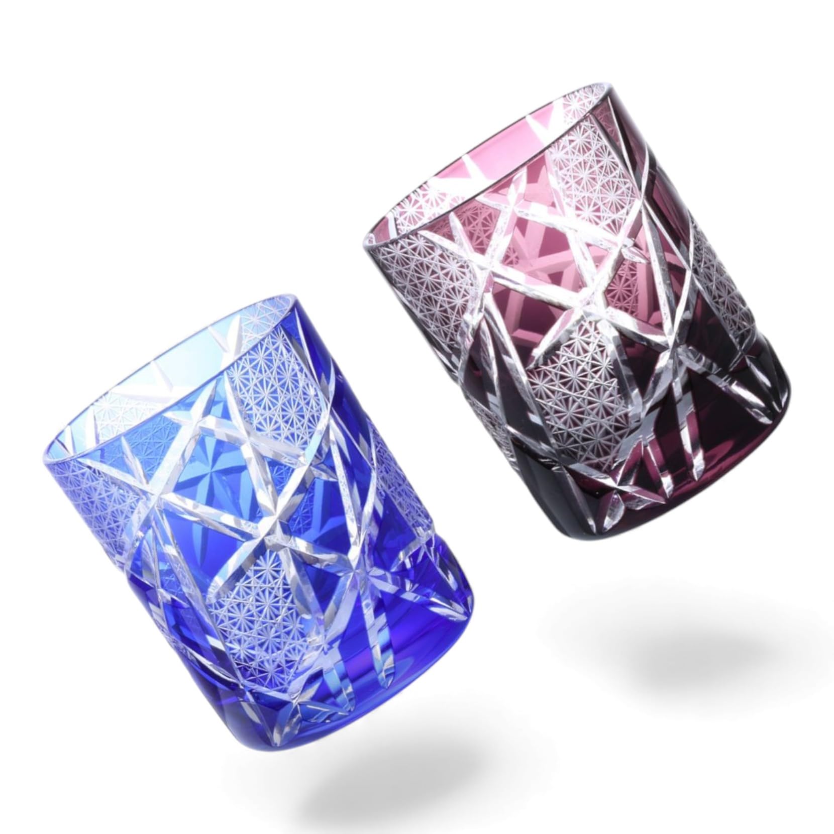 匠美風 ディナー ラグゼ 切子 ペア グラス カップ ロック グラス Φ70xH90mm 210cc 乱彫小紋 ブルー & パープル 煌雅 PNO.333903