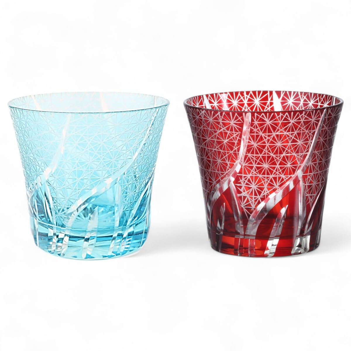 J-kitchens 水影 切子 ペア グラス カップ Φ94xH85mm 240cc 乱彫小紋 アクア & レッド 美匠 Current Model