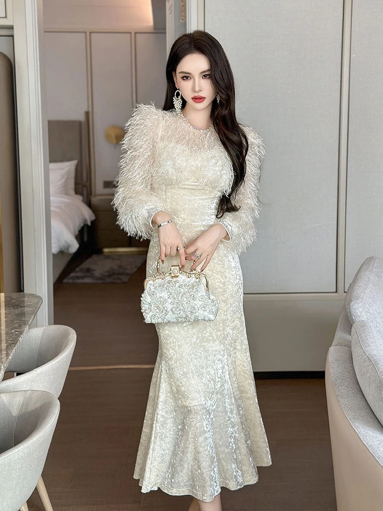 【急速出荷】秋 ダイヤモンド飾り ファー飾り マーメイド ドッキング ドレス パーティー キャバ 大人 同窓会 披露宴 卒業式 結婚式 演奏会 ウェディング 二次会 メガ割