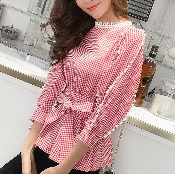 2332.クルーネックぺプラムギンガムチェックリボンベルト七分袖ブラウス(レッド) 2019 春夏 新作 大人 かわいい カジュアル OL 20代 30代 デート服 女子会 レース ウエストマ 100,000円