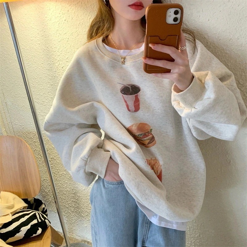 レディース ハンバーガー トレーナー スウェット ポテト ジュース コーラ グレー トップス 裏起毛 カットソー 大きい 大きめ ビッグ 大人可愛い ママコーデ ママファッション 韓国系 オルチ