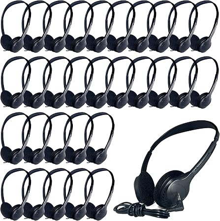 ヘッドフォン バルク 教室用 卸売 子供用 30個パック 3.5mmジャック付き 子供 学校 学生 図書館 コンピューターラボ テストセンター用 (009 ブラックヘッドフォン)