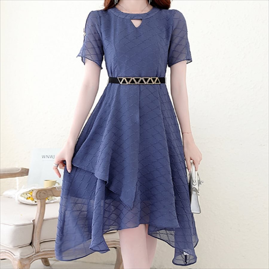 ロングドレス 4色 ドレス 衣装 ワンピース パーティドレス カラードレス ロング ミモレ 袖あり 半袖 クルーネック Aライン フレア アシンメトリー フリル 透け感 シースルー