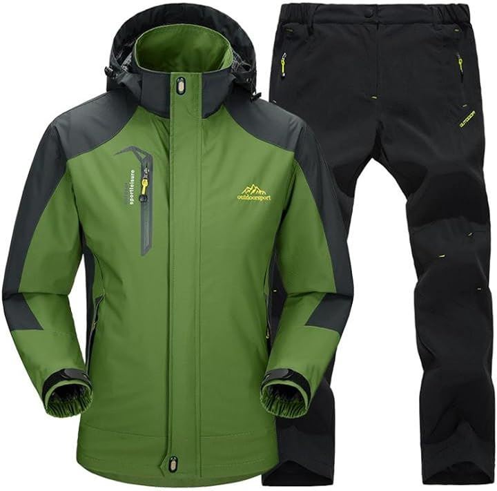 アウトドアジャケット 上下セット メンズ ウェア 登山服 マウンテンパーカー 多機能 防寒 防風 撥水(4.グリーン (速乾トレッキングパンツ), 3XL)