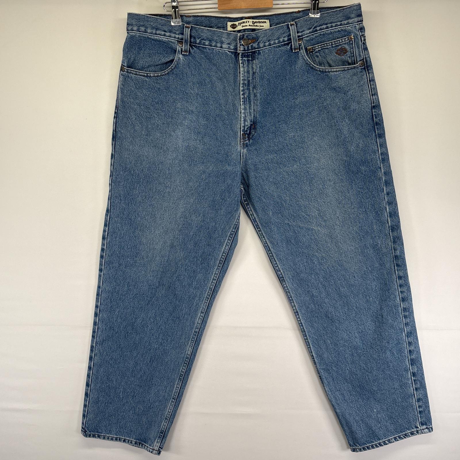 古着 デニムパンツ テーパード レザーパッチ ジーンズ ジーパン w40 L30 ブルー メンズ