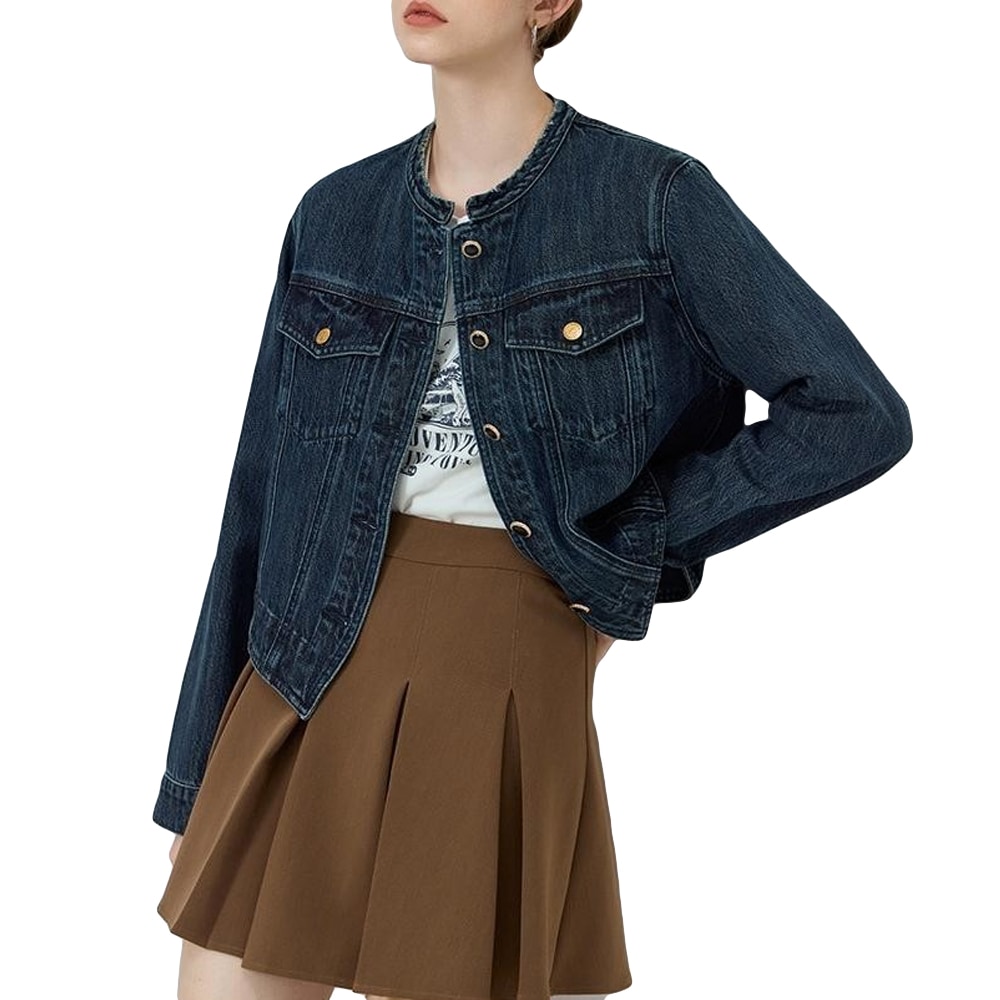 デニムジャケット レディース アウター 長袖 レトロ風 バンドカラー ショート丈 カジュアル 通勤 通学 トップス 春秋