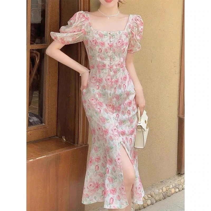 スクエア襟 スリット フリル レディース 2025 ロングワンピース ワンピース 半袖 着痩せ ピンク花柄ワンピース 夏 新入荷 5,020円