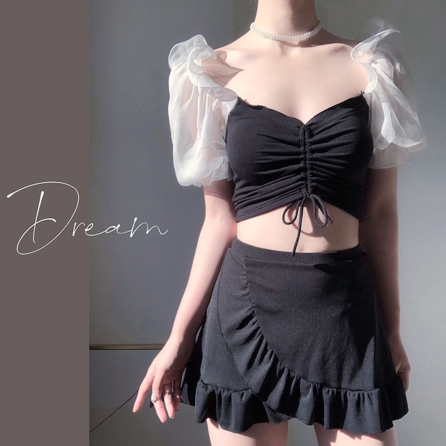 レディース 水着 スイムウェア シフォン パフスリーブ セパレート フリル 上品 姫系 大人可愛い