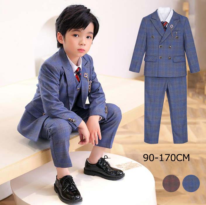 ベビースーツ男の子スーツカジュアルセットアップ6点セットジャケlット+ベスト+パンツ+シャツ+ネクタイ+ブローチ上下セット子どもスーツキッズスーツチェック柄フォーマルスーツ子誕生ピアノ発表会タキシード