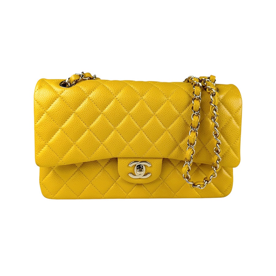 シャネル CHANEL ショルダーバッグ ダブルフラップ マトラッセ キャビアスキンレザー イエロー ゴールド レディース A01112 z3608