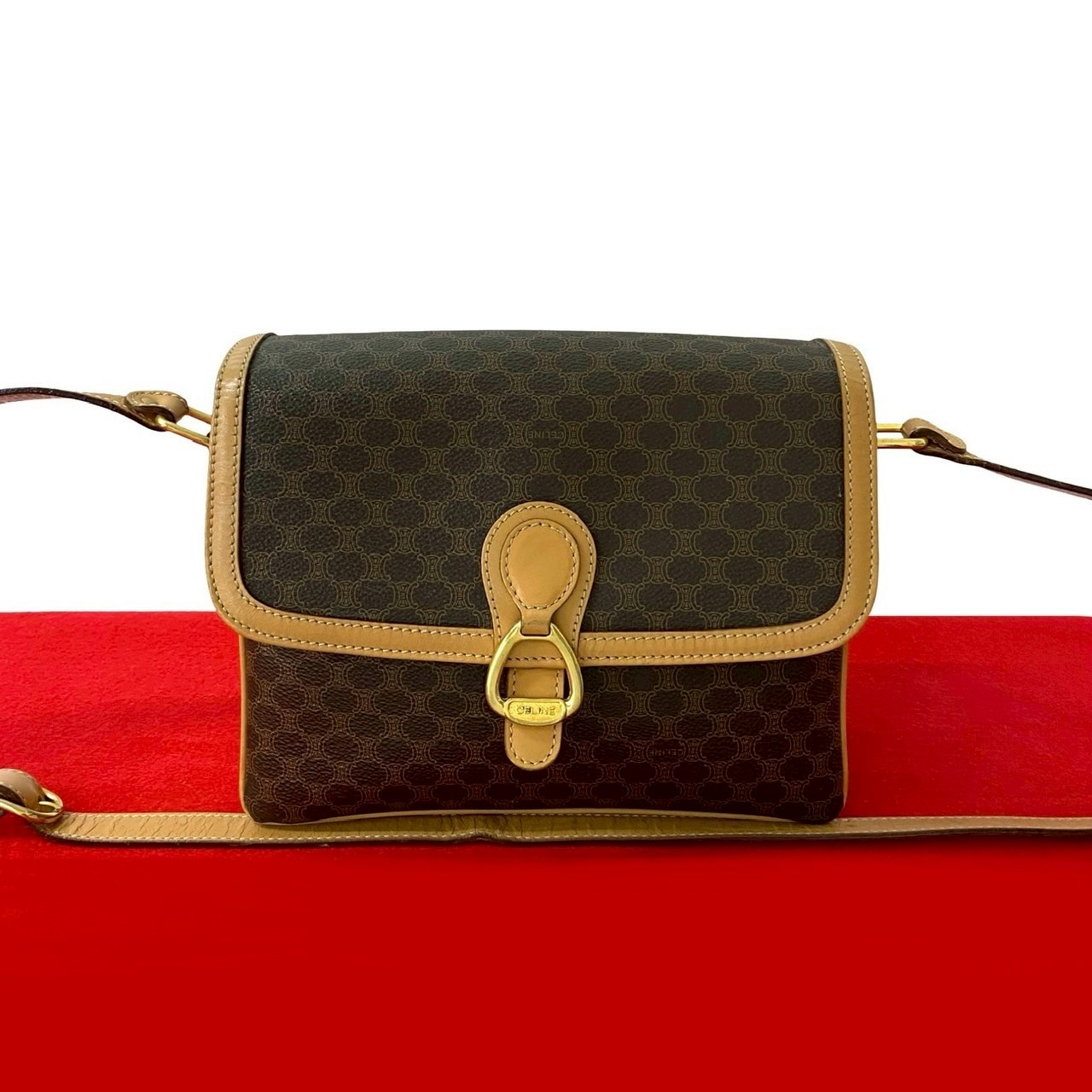 ヴィンテージ マカダム ブラゾン 柄 ロゴ 金具ショルダーバッグ レザー PVC ブラウン 28847