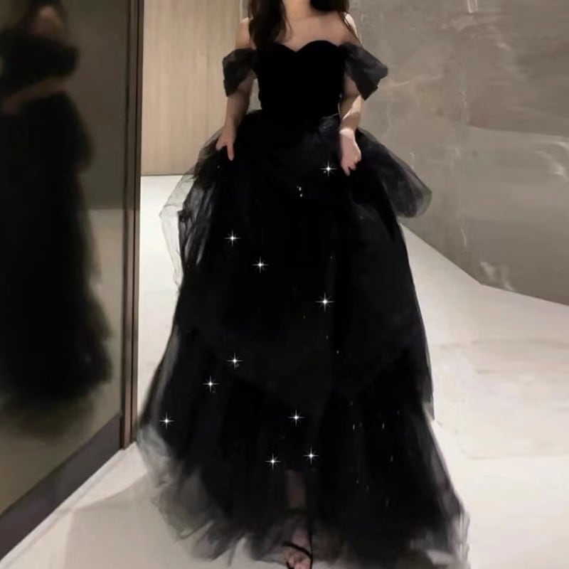 ブラックワンショルダーイブニングドレス卒業式成人式プリンセスドレスプリンセス風宴会エレガントドレス女性用