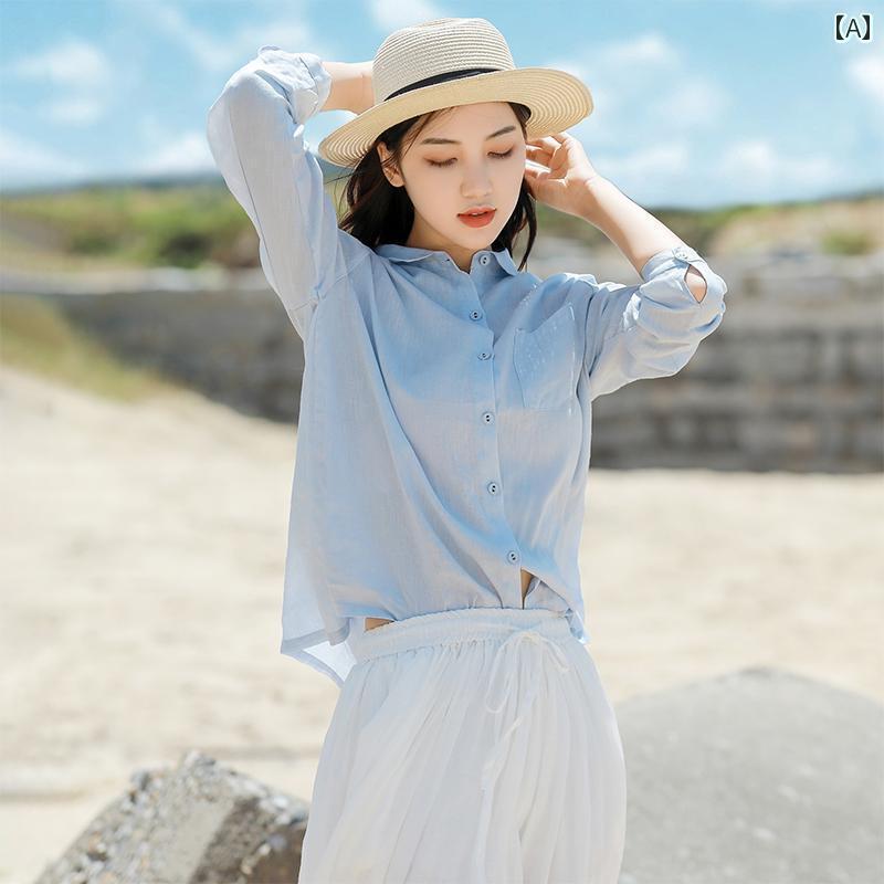 レディース　　シャツ　トップス ライト ブルー リネン レディースシャツ 春服 ハイエンド 春秋 スーツ 文学 トップ