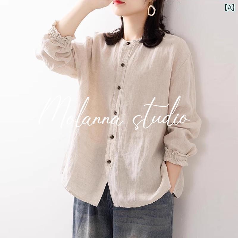レディース　　Tシャツ　 Molanna コットンリネン 長袖 シャツ レディース 春秋 大きいサイズ リネン 素材 カジュアル カーディガン トップス