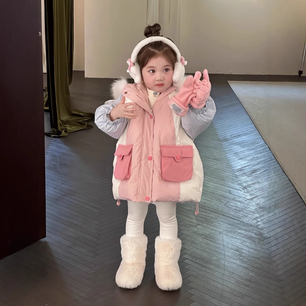 子供用ダウンジャケット冬の新しい女の子の子供服韓国版カード綴じ色の毛糸の連帽90白アヒルの羽毛のダウンジャケット