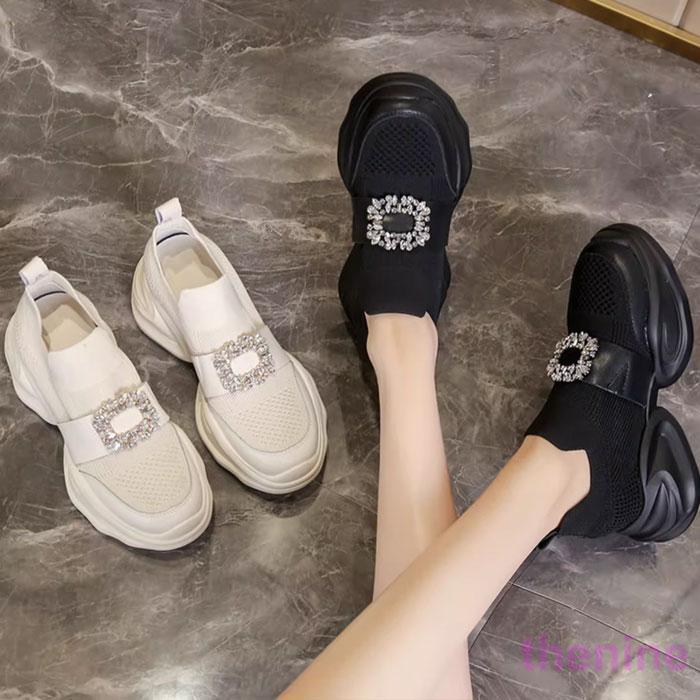 冬の特恵スニーカー スリッポン レディース キラキラ ラインストーン ビジュー キレイ目 厚底 スタイルアップ ホワイト ブラック