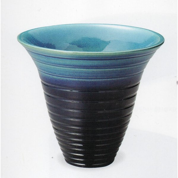 ブルーガラスラッパ花器（信楽焼き陶器花瓶花入れ花器壺壷つぼ水盤フラワーベース生け花アレンジ華道Ｉ）