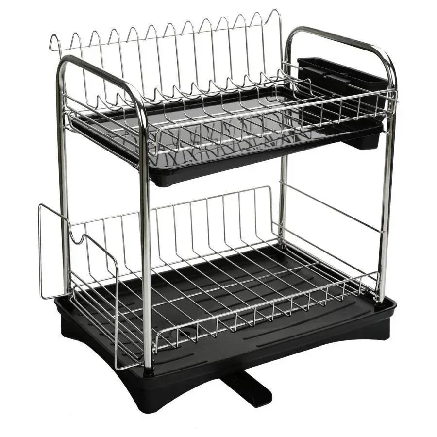 ディッシュラック ステンレス製 乾燥 水切りかご 食器水切り 食器 バスケット 錆びない 大皿立て 水が自動で流れる 2段式水切りラック 鍋蓋スタンド