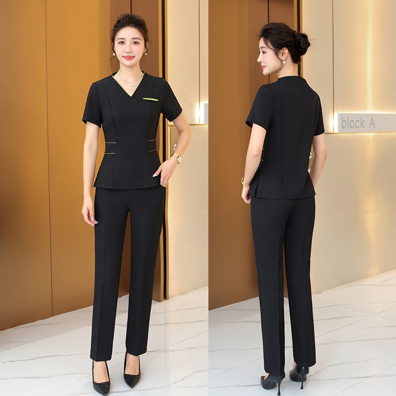 作業服 レディース 秋冬 半袖 美容室作業着 保健所技師 美容ガイドスーツ ブラック