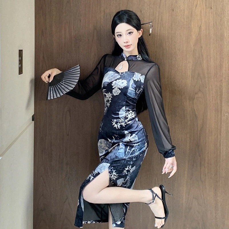 チャイナドレス ロングチャイナ セクシー セクシーチャイナ キャバ チャイナドレス チャイナ ロング ドレス コスチューム コスプレ 衣装 パーティー イベント インスタ 撮影 アイドルシースルー袖