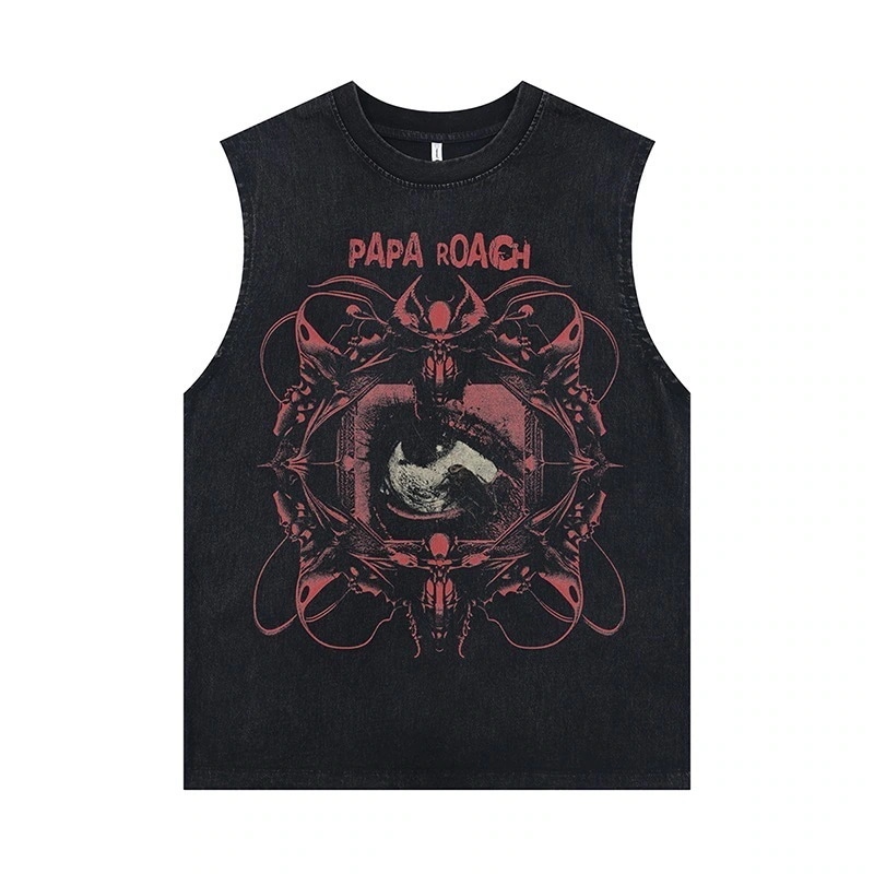 ヨーロッパとアメリカのハイストリートヘビーメタルバンドレトロメンズトレンディなウォッシュドコットンカットスリーブベストノースリーブTシャツ