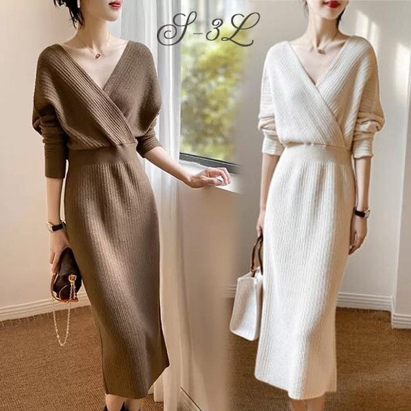 ワンピース レディース Vネック 長袖 ニットワンピ 春 春物 ブラウン オフホワイト お呼ばれ オフィス きれいめ 体型カバー 通勤 S M L LL 3L dv221zezet2