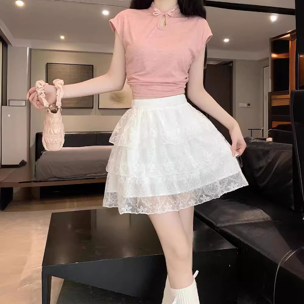 【1つ買うと10つ無料】純粋なスタイルの白いレーススプライスされた腫れたスカート夏ハイウエストセクシーガーゼケーキスカート