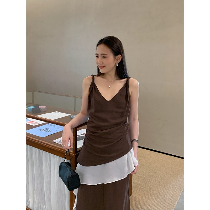 フランス風フリル付きストラップ付き女性用夏用レイヤードデザインコントラストカラー裾ストラップ付きタンクトップ