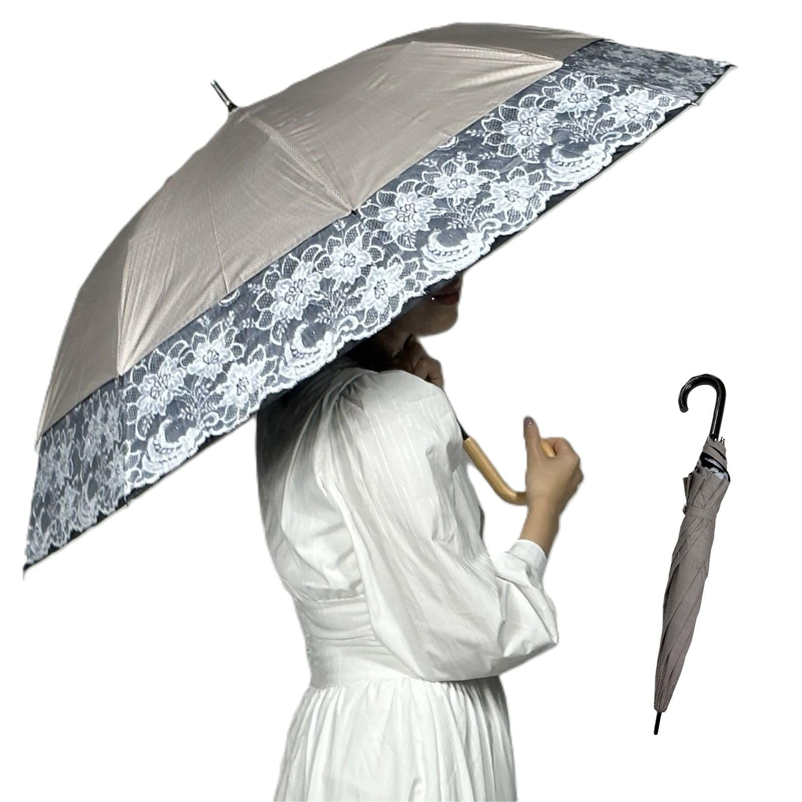 [SUGITA]トランスフォーム傘 ストライプ&レースプリント 日傘 雨傘 レディース UVカット99.9％ 遮光99.99% 紫外線遮断 日焼け防止 携帯便利 27035