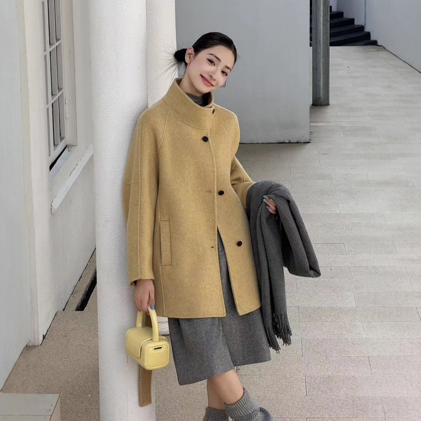 2025秋冬 ミドル丈 両面ウールウールコート レディース 厚手ミドル丈スタンドカラーウールコート