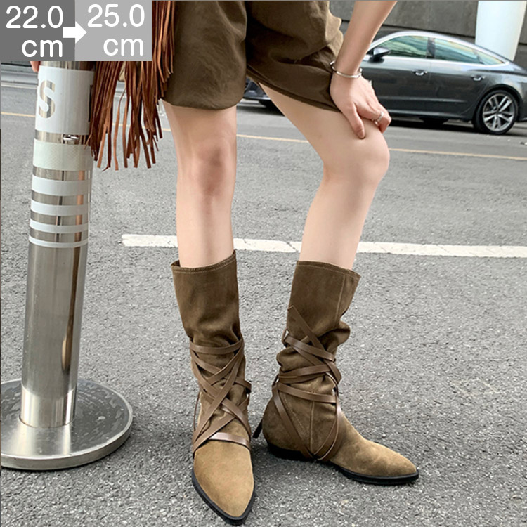 ロングブーツ ニーハイブーツ ジョッキーブーツ 美脚 4.5cmヒール ブーツ 楽チン ローヒール スエード 痛くない 小さいサイズ スムース 細見せ 秋冬 疲れにくい 歩きやすい ブラウン 太ヒール